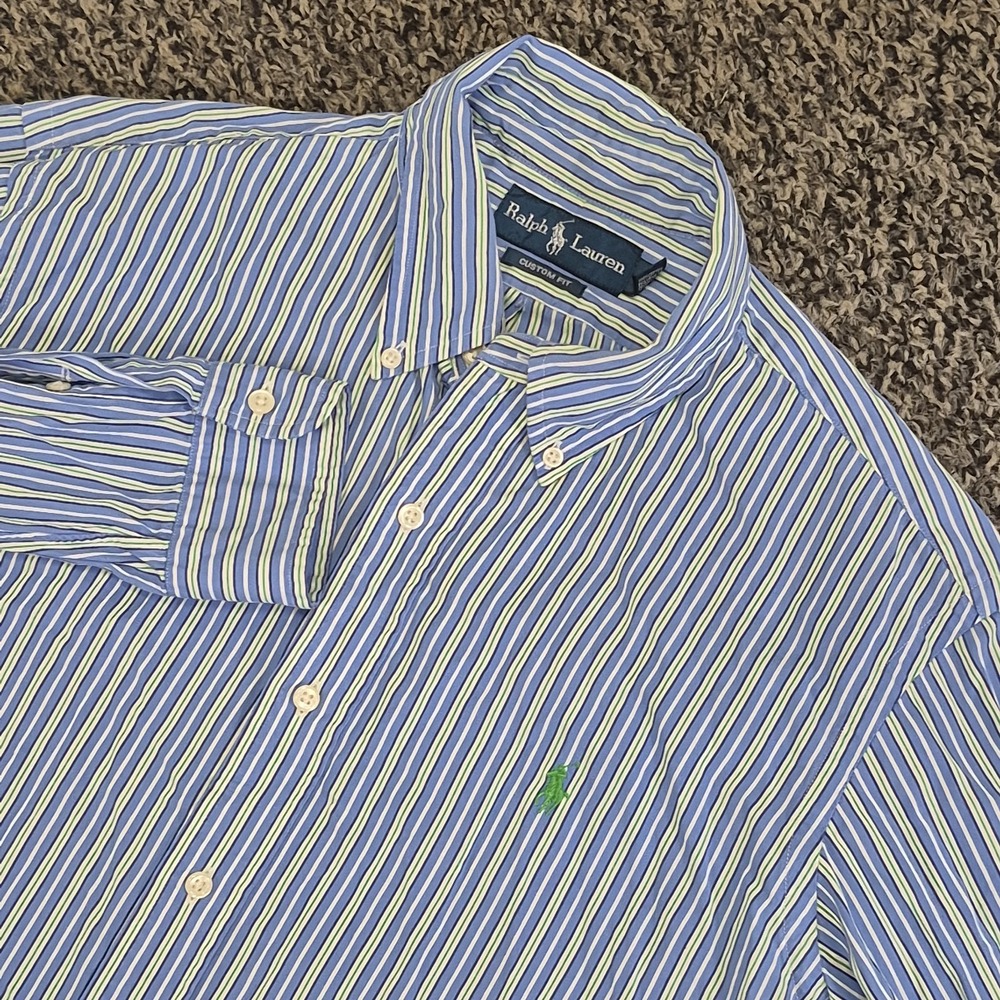 Ralph Lauren Custom Fit Button Down Shirt Mens Large Blue Stripe Long Sleeve